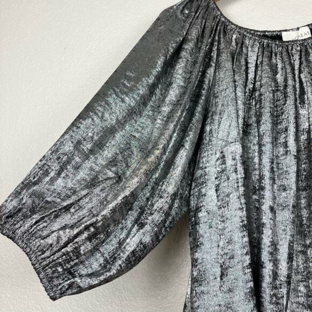Metallic Silver  Blouse - Women’s Long Sleeve Gathered Neck - Picture 3 of 7